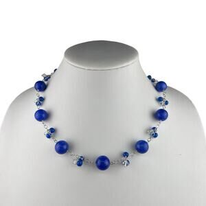 Blue Gemstone & Crystal Beaded Sterling Silver Necklace 18.5"
